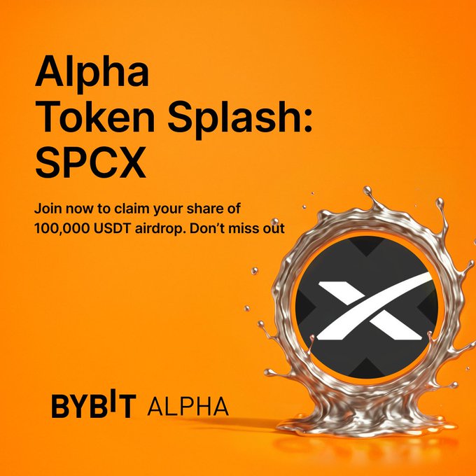 The image features an orange background with a silver circle containing a white x symbol, which appears to be a logo for a cryptocurrency called "Sunrise" or possibly "@Backpack Securities". The text above the logo reads "Alpha token splash: SPCX", indicating that this is related to the cryptocurrency market. Below the logo, there's an invitation for people to join and claim their share of the cryptocurrency market using the provided link.