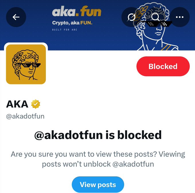 A screenshot from aka.fun shows the user @akadotfun is blocked, with the message "Are you sure you want to view these posts? Viewing posts won't unblock @akadotfun" and a "View posts" button. The image illustrates the post's warning about scams on the ARC chain by showing that the aka.fun account has been blocked.