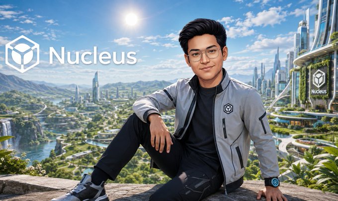 A young man with glasses sits against a futuristic cityscape backdrop featuring the 'Nucleus' logo and branding.