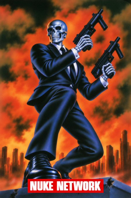 A stylized poster of a skeleton wearing a black suit and holding two submachine guns, standing against a fiery orange and black background above a red label reading 'NUKE NETWORK'.