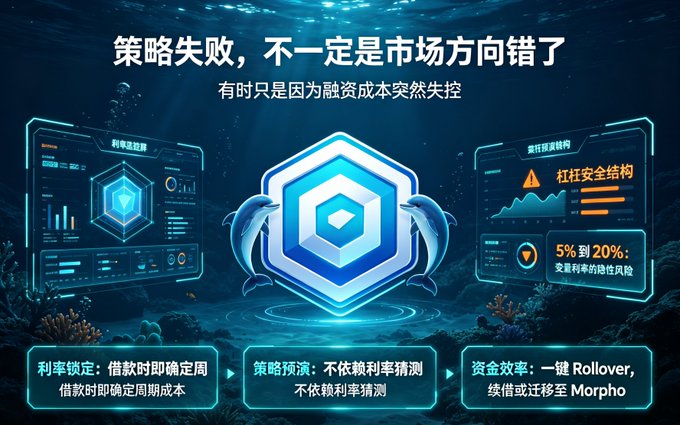 A blue-toned promotional graphic features Chinese text including '策略失败，不一定是市场方向错了' (Strategy failure doesn't necessarily mean the market direction is wrong) alongside dolphin and hexagonal logos, highlighting features like interest rate locking and fund efficiency.