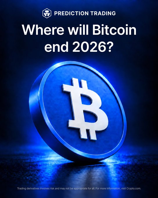 A Crypto.com Prediction Markets promotional graphic asks "Where will Bitcoin end 2026?" over a dramatic image of a blue Bitcoin coin, encouraging users to trade their price predictions ($50k, $80k, or $100k) on the platform.