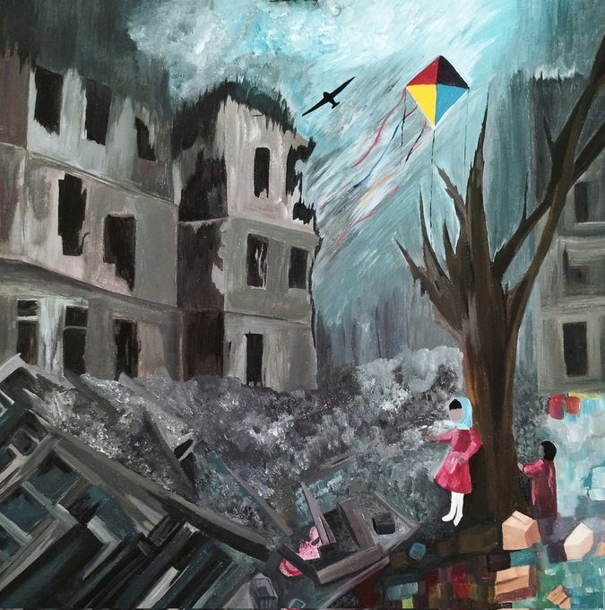 A painted scene depicts a ruined city where two small figures in red coats fly a colorful kite among crumbling buildings, debris, and a bare tree under a turbulent sky.