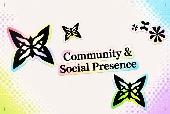 A decorative graphic featuring black butterfly silhouettes and small flower accents arranged around the bold text "Community & Social Presence," set against a soft pastel background with halftone texture. The image visually reinforces the post's message about the collaborative and diverse nature of the @quipnetwork ecosystem, where various contributors unite to build a thriving community.