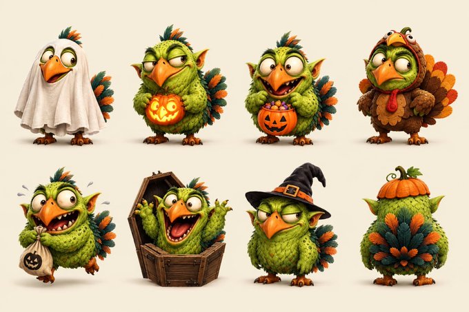 A collection of eight cartoon green bird-monster characters in various Halloween costumes including a ghost sheet, witch hat, turkey outfit, and pumpkin suit, some holding jack-o'-lantern candy buckets.