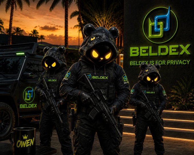 A promotional-style image for 'BELDEX IS FOR PRIVACY' featuring three figures in tactical gear and bear-themed hoods with glowing yellow eyes, holding rifles in front of a black SUV and a neon Beldex logo at sunset.