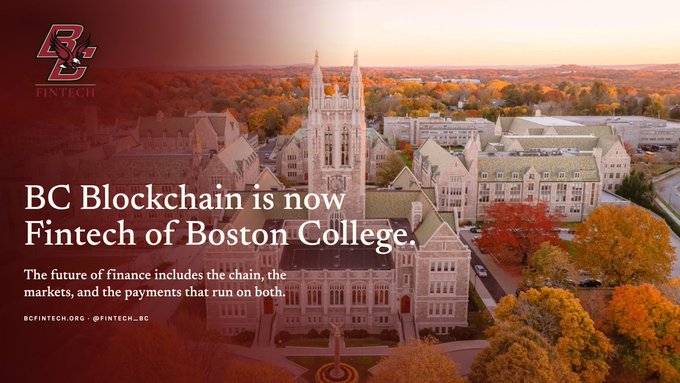An announcement graphic reading 'BC Blockchain is now Fintech of Boston College,' with the BC Fintech logo and text 'The future of finance includes the chain, the markets, and the payments that run on both.'