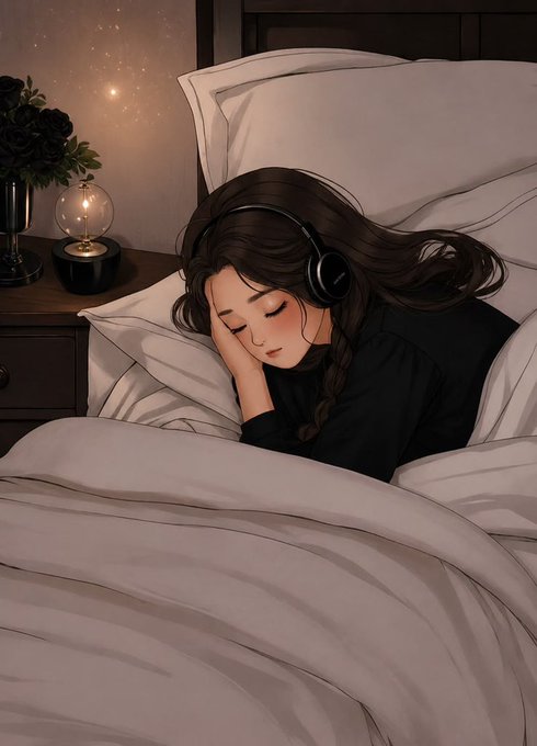 An anime-style drawing of a girl with dark hair sleeping peacefully in a bed, wearing headphones, with a bedside lamp and dark flowers nearby.