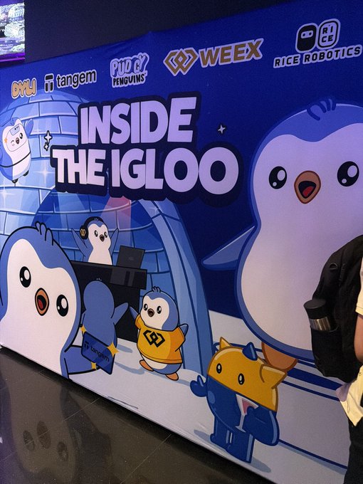 A vibrant blue promotional banner titled 'INSIDE THE IGLOO' featuring cartoon penguins and a fox character, with sponsor logos including tangem, PUDGY PENGUINS, WEEX, and RICE ROBOTICS, while a person holding a thermos stands partially visible on the right.