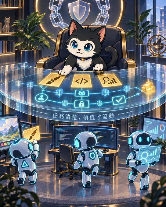 An anime-style illustration of a black-and-white cat sitting at a futuristic desk surrounded by three small robots, with Chinese text reading '任務清楚，價值才流動' (Tasks clear, value flows).