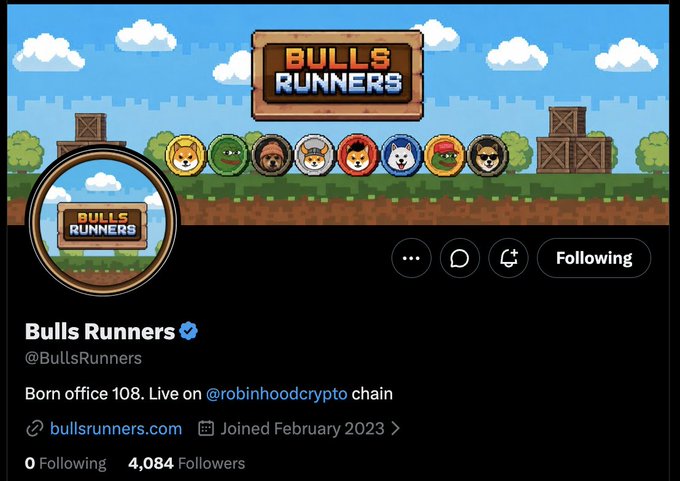 Twitter/X profile page for 'Bulls Runners' (@BullsRunners) featuring pixel art bull and animal icons in various outfits, bio reads 'Born office 108. Live on @robinhoodcrypto chain', joined February 2023, with 4,084 followers.