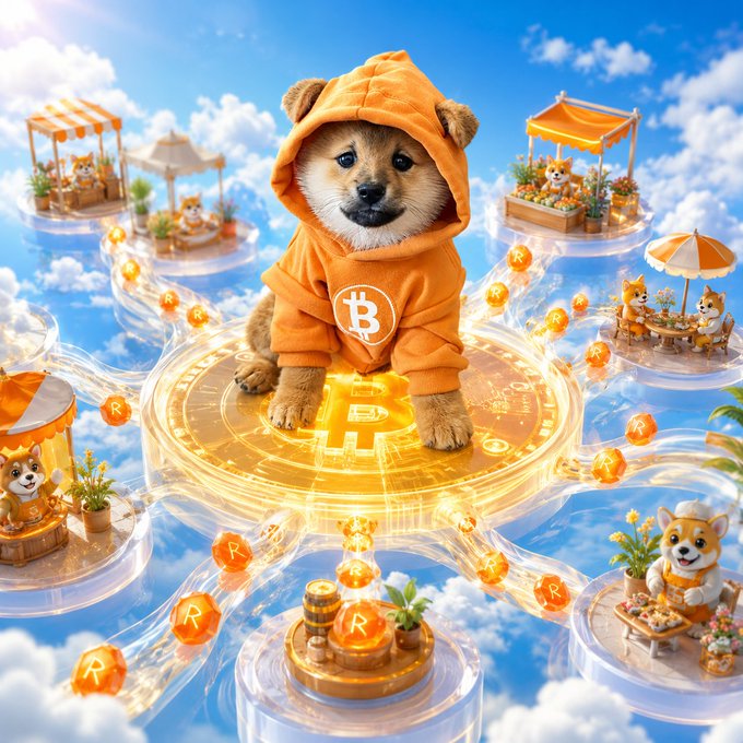 A Shiba Inu dog wearing an orange Bitcoin 'B' hoodie stands on a glowing Bitcoin coin in a sky setting, surrounded by smaller Shiba Inus and floating cryptocurrency tokens.