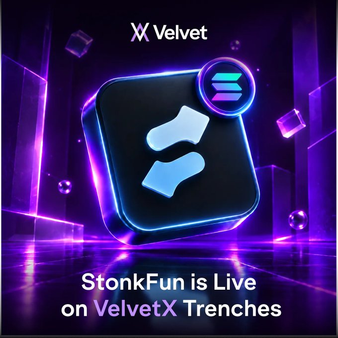 A promotional graphic for 'Velvet' with the Solana symbol, featuring a purple and black 3D design and the text 'StonkFun is Live on VelvetX Trenches'.