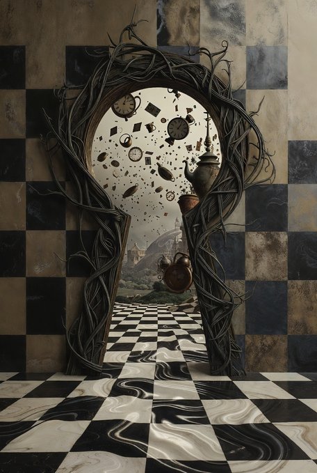 A surreal digital artwork showing an archway made of twisted vines set against a checkered wall, with floating clocks and teapots spilling through a doorway onto a marbled black-and-white checkered floor.