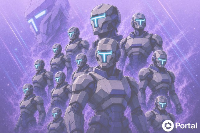 A group of futuristic robotic figures with glowing T-shaped visors stands against a vibrant purple cosmic background, with the "Portal" logo visible in the bottom right corner, visually reinforcing the post's message about exploring creativity and new ideas within Portal 2.0's ecosystem.