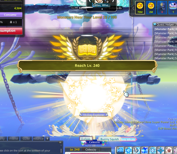 A screenshot from an MMORPG game showing a level-up notification 'Reach Lv. 240' with a glowing book and wings emblem, surrounded by various UI elements and character names.