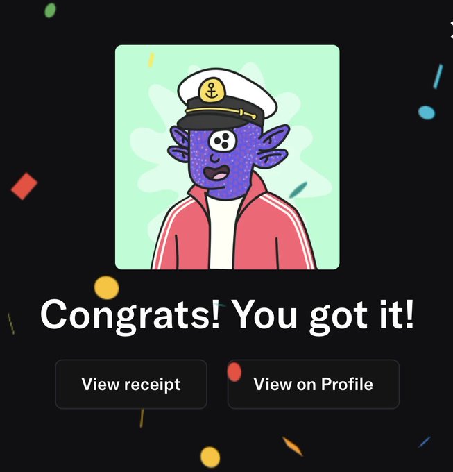 A celebratory screen reads "Congrats! You got it!" featuring a cartoon purple squid captain wearing a white naval hat and pink tracksuit jacket, with buttons for "View receipt" and "View on Profile," celebrating the successful acquisition of a SquigsNFT.