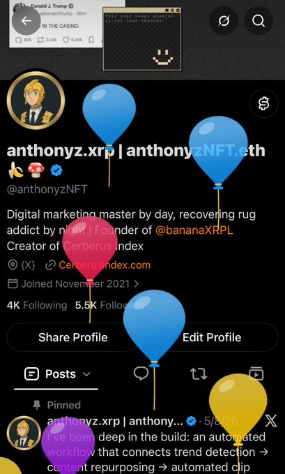 A Twitter profile screenshot for 'anthonyz.xrp | anthonyzNFT.eth' (@anthonyzNFT), describing them as a 'Digital marketing master by day, recovering rug addict by night' and 'Founder of @bananaXRPL', overlaid with floating balloon graphics.