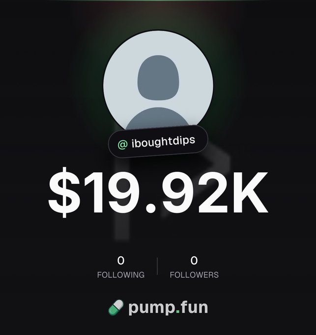 A profile screenshot from the pump.fun app showing the user "@iboughtdips" with a portfolio value of $19.92K and zero followers/following, promoting their trading activity on the platform. The image directly supports the post by showcasing their pump.fun profile where they plan to call out trades with zero fees.