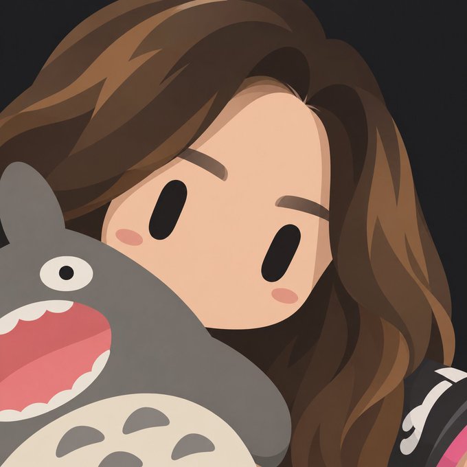 A cartoon-style digital illustration depicts a cute girl with long brown hair and rosy cheeks hugging a large gray Totoro character against a dark background.