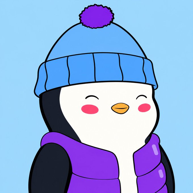 A cute cartoon illustration of a penguin wearing a blue knit beanie with a purple pom-pom and a purple puffer vest, with rosy cheeks and a smiling beak, set against a light blue background.