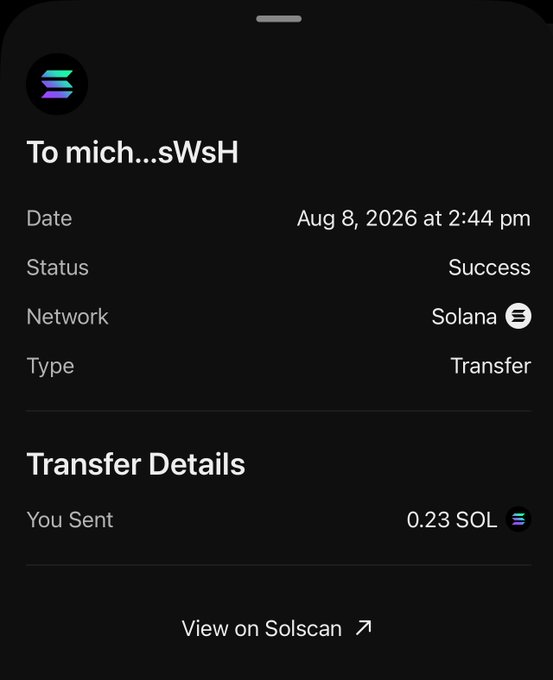A successful Phantom wallet transaction on the Solana network, sending 0.23 SOL to address "To mich...sWsH" on August 8, 2026, supporting the post's claim of sending out Solana giveaways.