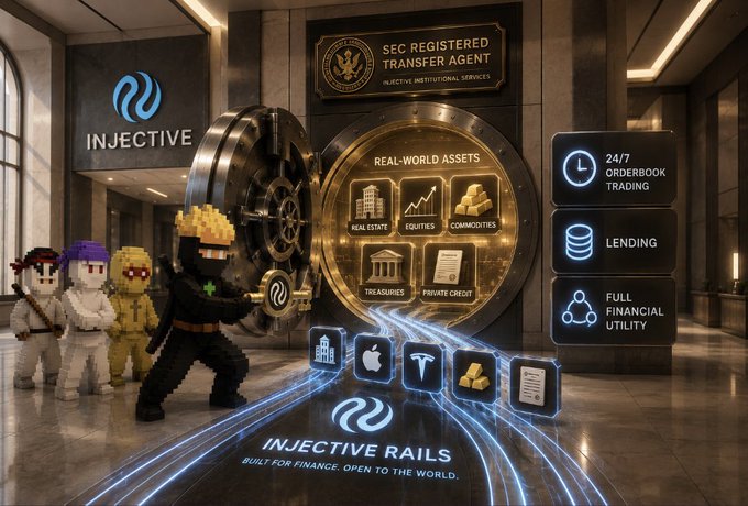 A promotional graphic for "INJECTIVE" featuring pixel-art characters, a vault labeled "REAL-WORLD ASSETS," and features including 24/7 orderbook trading, lending, and full financial utility through Injective Rails.
