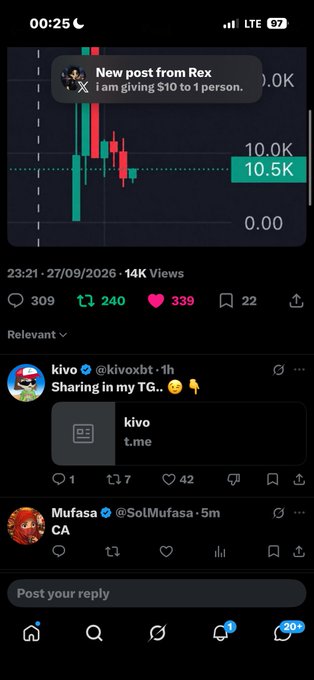 A social media feed displays a post about giving away $10, alongside a trading chart showing values around 10.0K-10.5K.