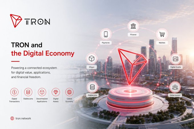 A promotional graphic for 'TRON and the Digital Economy' featuring the TRON logo above a modern cityscape, with icons representing digital transactions, stablecoins, decentralized applications, digital assets, and global economy.