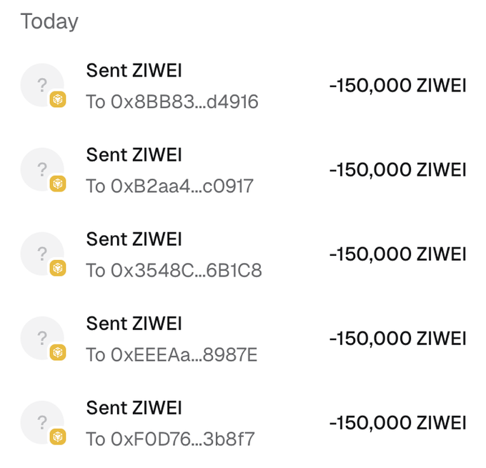 A crypto wallet transaction history screenshot showing five "Sent ZIWEI" transactions today, each deducting -150,000 ZIWEI to different recipient addresses (0x8BB83...d4916, 0xB2aa4...c0917, 0x3548C...6B1C8, 0xEEEaa...8987E, and 0xF0D76...3b8f7). The image appears to document the $ZIWEI token airdrop distribution of 150,000 tokens per wallet as part of the promotional campaign requiring 750 BNB addresses.