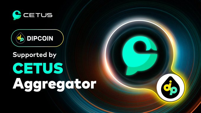 A sleek graphic announcing that Dipcoin (DIPCOIN) is now supported by Cetus Aggregator, featuring glowing circular logos of both brands against a dark background with radial light trails. The visual reinforces the post's message about expanded liquidity routes and swap execution paths being integrated on Sui.