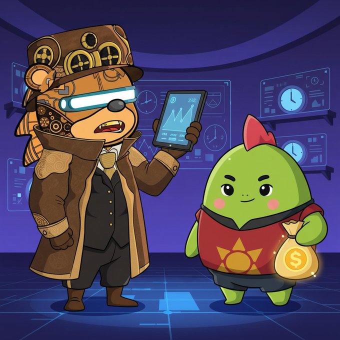 A cartoon illustration featuring a steampunk-style bear character in a top hat and goggles holding a tablet displaying a chart, standing next to a small green character holding a money bag with a dollar sign.