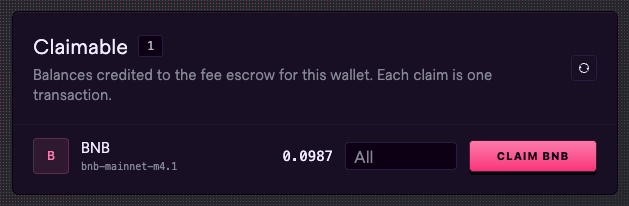 A dark-themed interface displays a "Claimable" section showing 1 claimable transaction of 0.0987 BNB (bnb-mainnet-m4.1) with a pink "CLAIM BNB" button. The image illustrates the post's claim about earning approximately 0.098 BNB from launching a meme coin on the Genius launchpad.