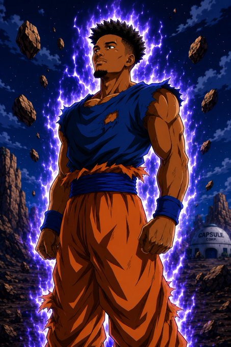 A muscular anime-style figure with dark spiky hair stands amid floating rocks and crackling purple energy, wearing a torn blue top, orange gi pants, and wristbands in front of a domed "CAPSULE CORP." building.

The image reimagines the "ANSEM" character referenced in the post with an anime/martial arts aesthetic, featuring Capsule Corp. (a Dragon Ball reference) as a nod to the requested alternate version of @blknoiz06.