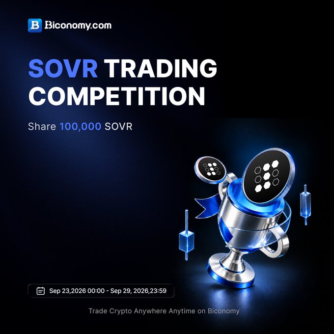 A promotional graphic for Biconomy.com advertising a SOVR Trading Competition with a 100,000 SOVR prize pool, running from Sep 23, 2026 00:00 to Sep 29, 2026 23:59, featuring a 3D metallic trophy adorned with cryptocurrency coins.