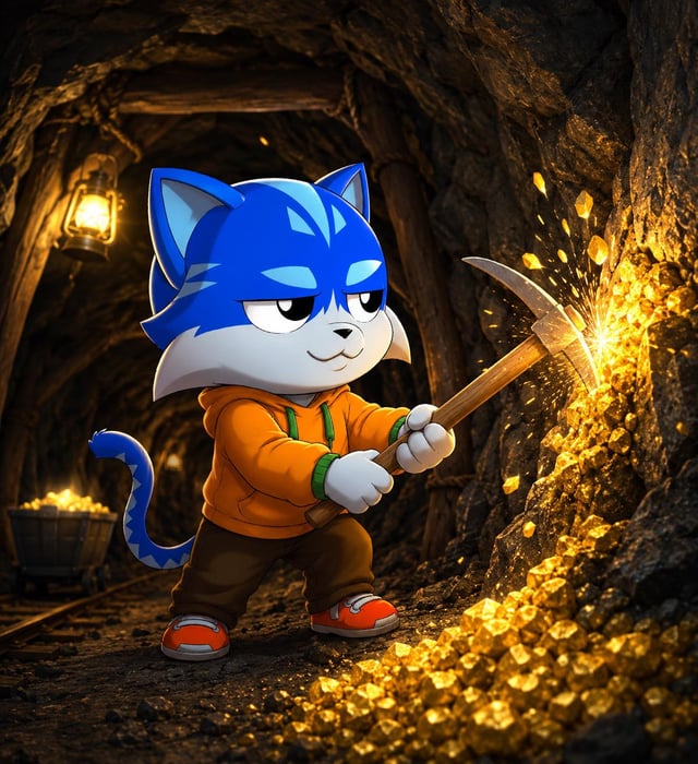 A digital illustration of a blue, cat-like Sonic the Hedgehog character wearing an orange hoodie and wielding a pickaxe in a gold mine.