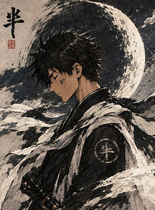 An ink-style illustration of a young man with dark hair in profile, wearing a dark robe, with a large crescent moon and Japanese calligraphy in the background.