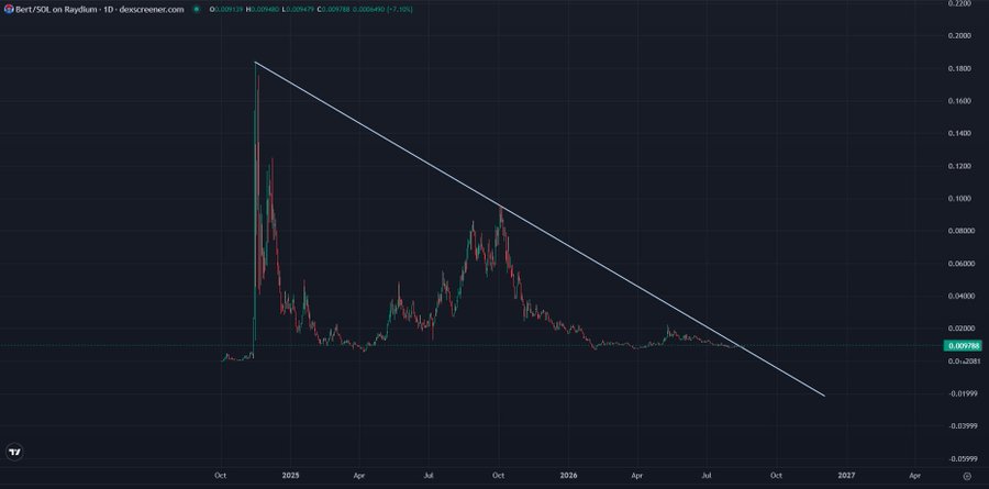 A 1D chart of Bert/SOL on Raydium shows the token's price declining from a high near 0.18 down to approximately 0.00978, with a descending trendline highlighting the sustained downtrend from its initial peak through late 2026. The post frames this as a bullish "long-term play," emphasizing the project's organic early volume and continued development despite the visible price decline.