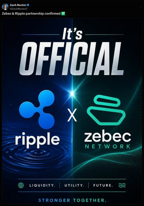 This image is an official announcement of a partnership between Ripple and Zebec Network, featuring their respective logos and the tagline "STRONGER TOGETHER." The post questions the validity of this confirmed partnership by @ZachRector7.