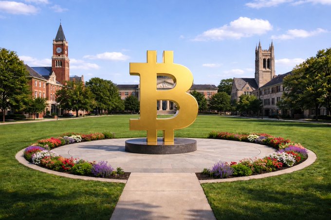 A large golden Bitcoin sculpture stands prominently on a circular stone pedestal, surrounded by colorful flower beds in front of Harvard University's historic brick campus buildings featuring clock and bell towers. The image visually represents the cryptocurrency asset central to the post about Harvard's endowment maintaining its BlackRock IBIT (iShares Bitcoin Trust) holdings in Q2 after two quarters of reductions.