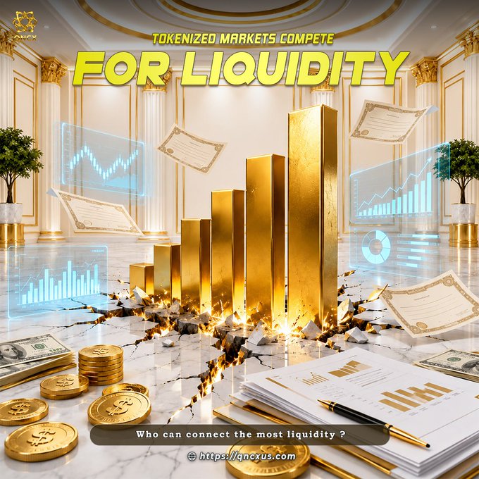 A grand golden bar chart rises from a cracked marble floor in a luxurious hall, surrounded by floating holographic screens, Bitcoin coins, dollar bills, and financial documents. Bold yellow text reads "TOKENIZED MARKETS COMPETE FOR LIQUIDITY," with the tagline "Who can connect the most liquidity?" and the website "https://qncxus.com" displayed below—visually reinforcing the post's message about fragmented digital assets competing for interconnected liquidity.