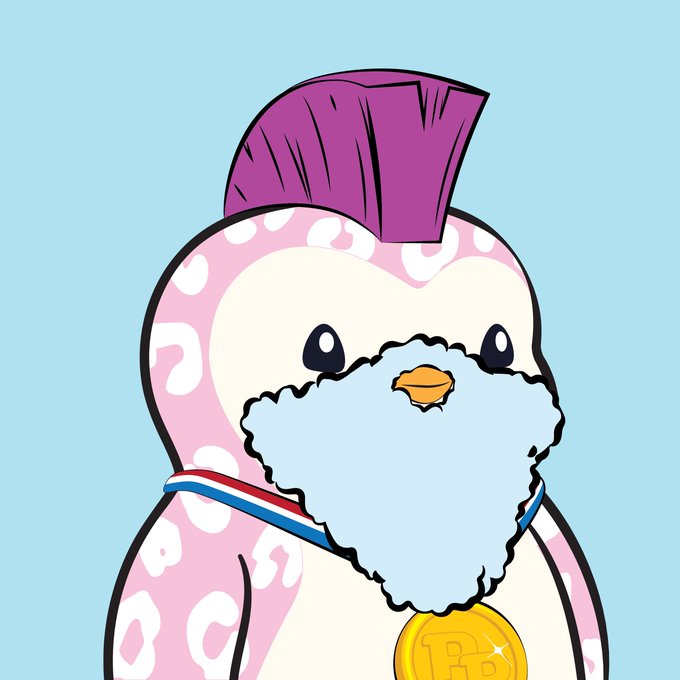 A cartoon penguin character with a purple mohawk and pink patterned body, wearing a medal with a Bitcoin symbol against a light blue background.
