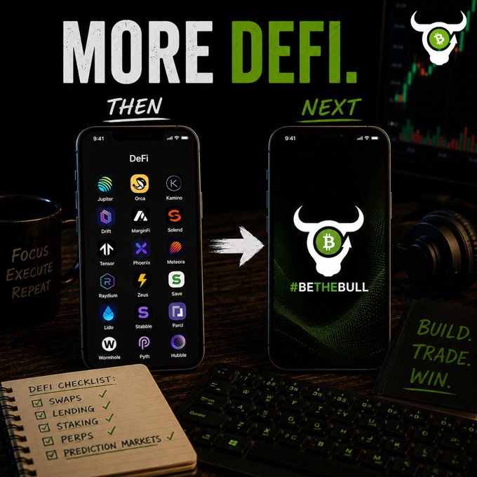 A promotional image titled 'MORE DEFI. THEN NEXT' showing a phone with various DeFi apps (Jupiter, Orica, Drift, etc.) transitioning to a bull logo with the hashtag #BETHEBULL, alongside a 'DeFi Checklist' notebook.