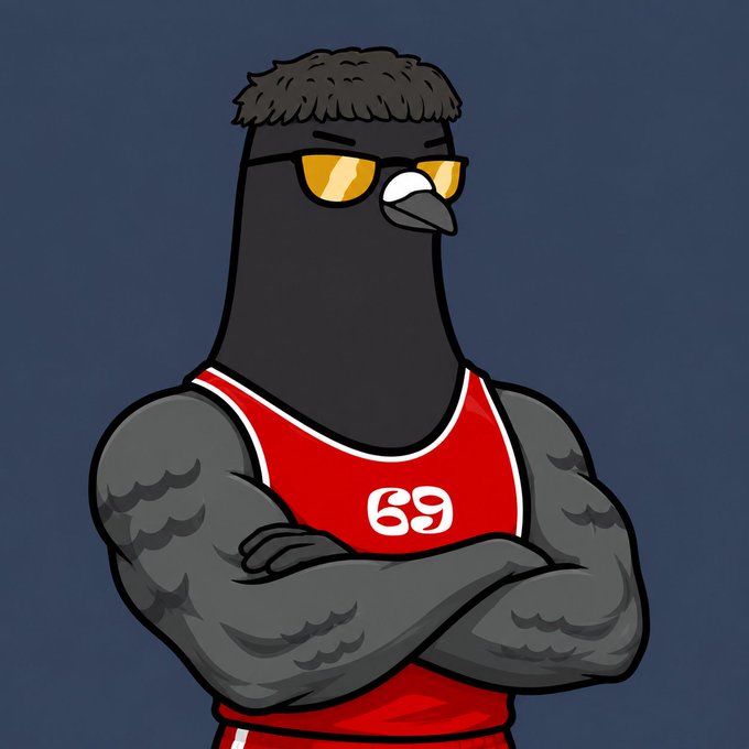 A cartoon illustration of a muscular anthropomorphic pigeon wearing yellow sunglasses and a red basketball jersey with the number 69, standing with arms crossed.