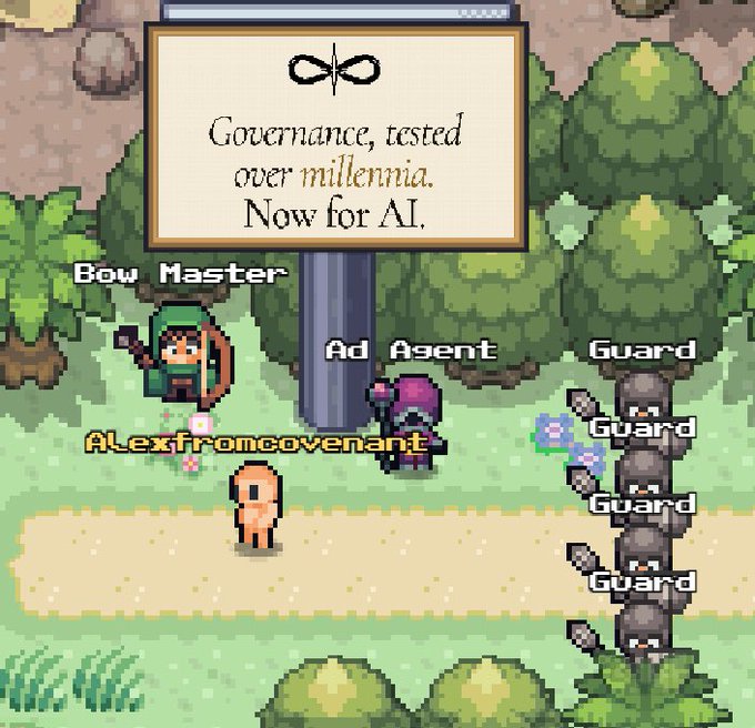A pixel art game scene displays a sign reading "Governance, tested over millennia. Now for AI." alongside characters labeled "Bow Master," "Ad Agent," and a stack of "Guard" enemies, with the username "Alexfromcovenant" visible, promoting The Lobby, a Solana-based browser MMORPG hackathon winner.
