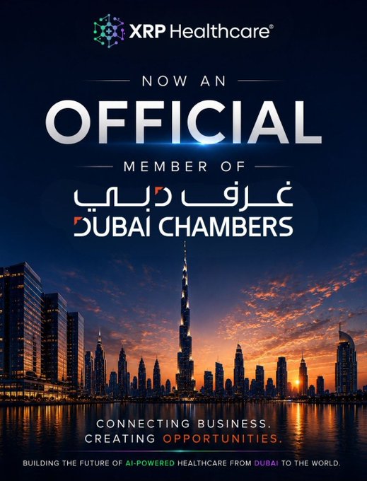 A promotional announcement image featuring the XRP Healthcare logo against a Dubai skyline at sunset, declaring that XRP Healthcare is "Now an Official Member of Dubai Chambers" with the tagline "Connecting Business. Creating Opportunities." and a footer stating "Building the Future of AI-Powered Healthcare from Dubai to the World." The image visually reinforces the post by showcasing both the Dubai cityscape and the bilingual Dubai Chambers branding to celebrate the membership milestone.
