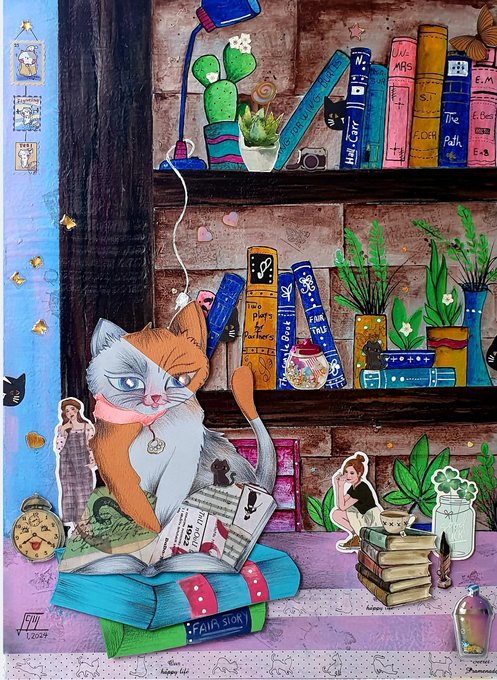 A colorful illustration of a grumpy calico cat sitting on a stack of books reading, surrounded by shelves filled with potted plants, books, and figurines, with various labels visible including 'FAIRY STICK'.