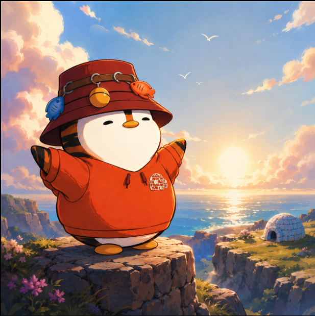 A cute illustrated penguin character wearing a red bucket hat with charms and a red hoodie, standing on a rocky cliff at sunset overlooking the ocean, with a small igloo visible on a nearby cliff.