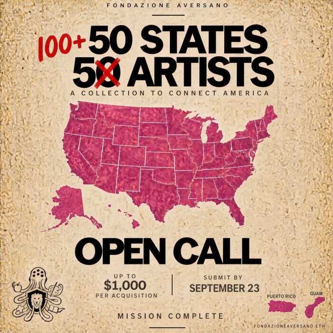A promotional poster from Fondazione Aversano announces an open call for their "100+50 States, 50 Artists" collection, offering up to $1,000 per acquisition with a submission deadline of September 23. The design features a pink watercolor map of the United States (including Puerto Rico and Guam) on a textured beige background, directly tying into the initiative that collected 24 works from 22 artists on SuperRare to connect America.