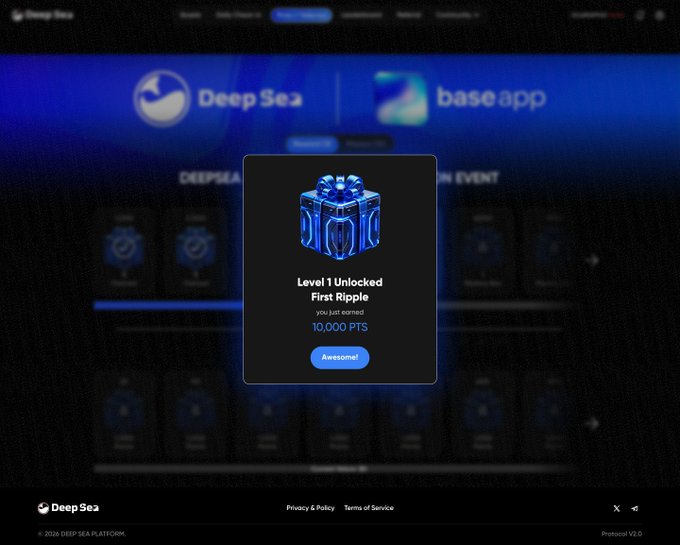 A screenshot from the DeepSea platform showing a 'Level 1 Unlocked' achievement popup with 'First Ripple' and 10,000 PTS earned, featuring a blue glowing gift box icon in a dark UI.